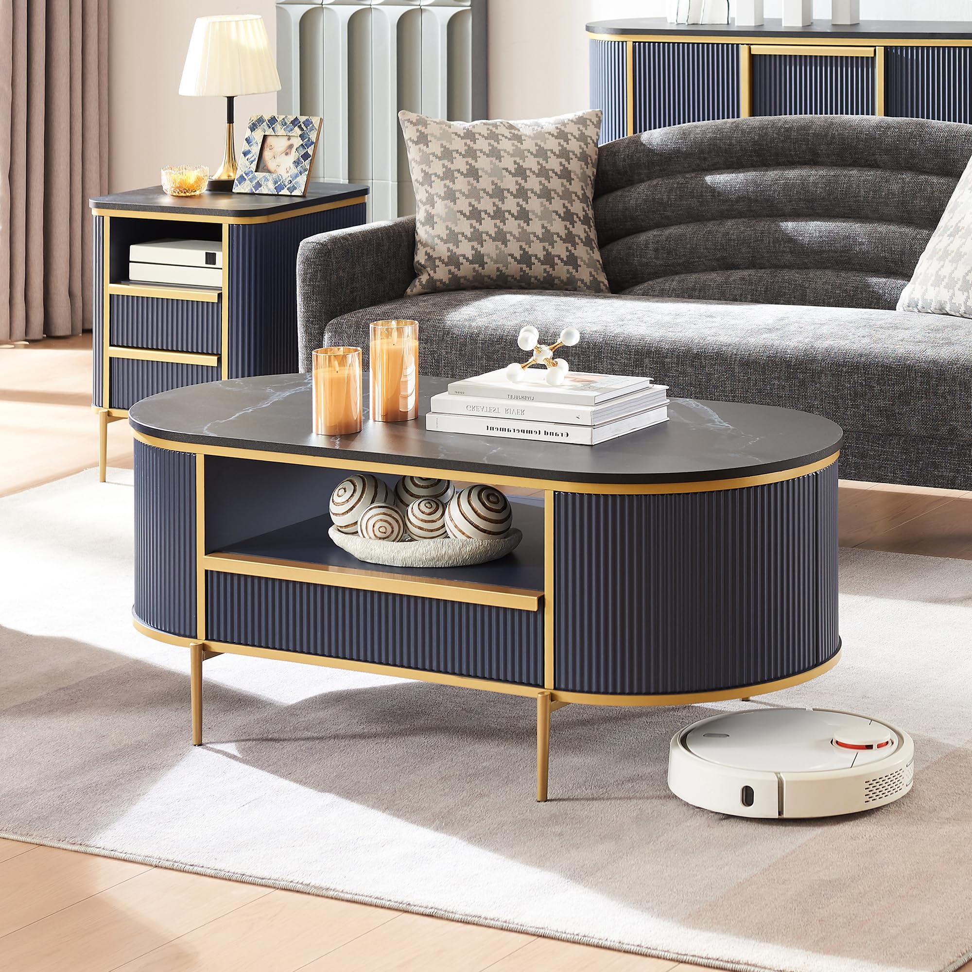 Photo 1 of OKD Modern Luxury Fluted Coffee Table, 48" Oval Coffee Table with Drawer, Faux Marble Top, Curved Profile Design, Gold Metal Decor, Center Table for Living Room, Navy Blue