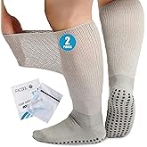 Facool 2 pairs Diabetic Socks for Men Women for Swollen Feet/Neuropathy/Bariatric/Lymphedema/Swelling Merino Wool Extra Wide Non-Binding Top, Non-Slip with Grippers, Loose-Fit Socks Light Grey X-Large