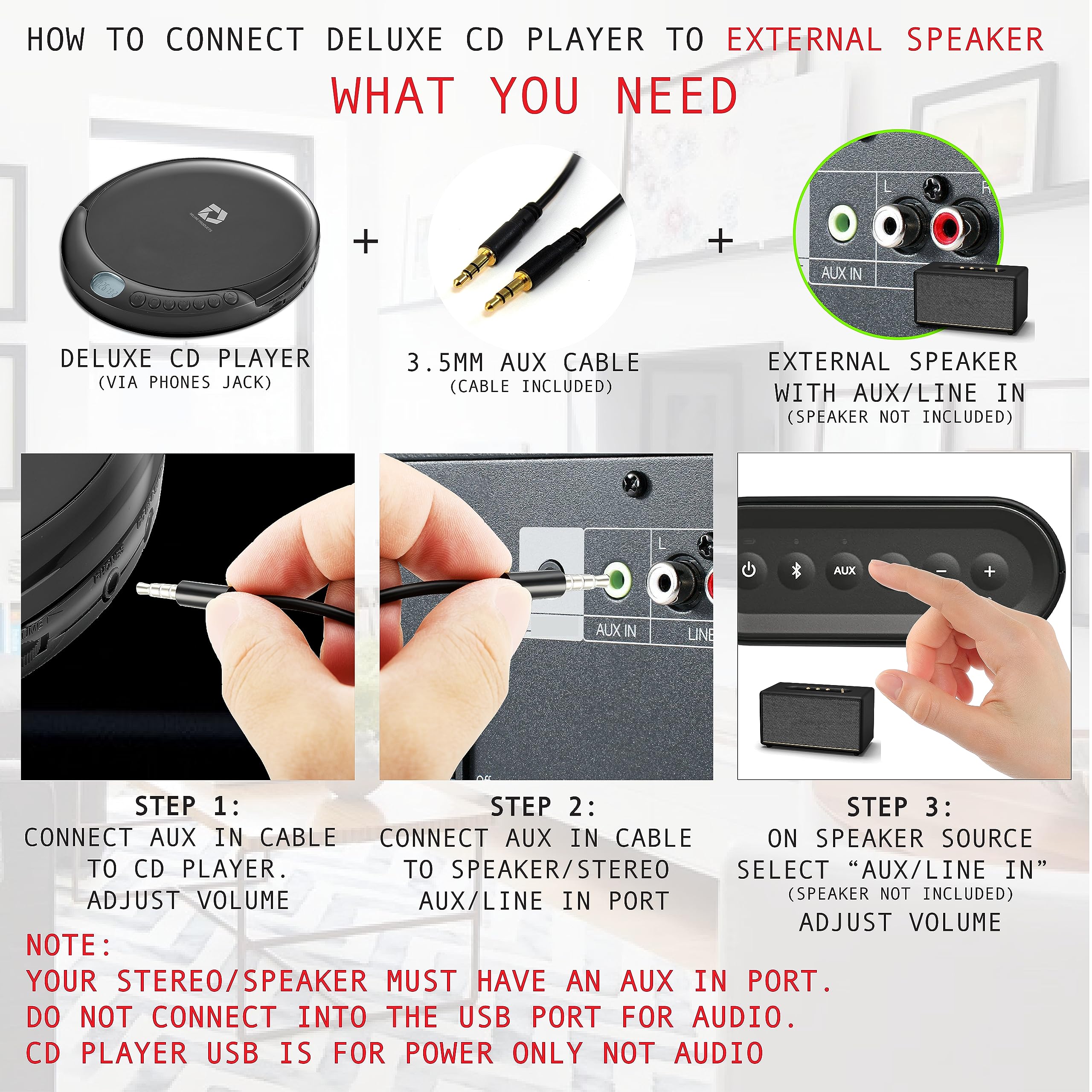 CD Player Portable with 60 Second Anti Skip, Stereo Earbuds, Includes Aux in Cable and AC USB Power Cable for use at Home or in Car