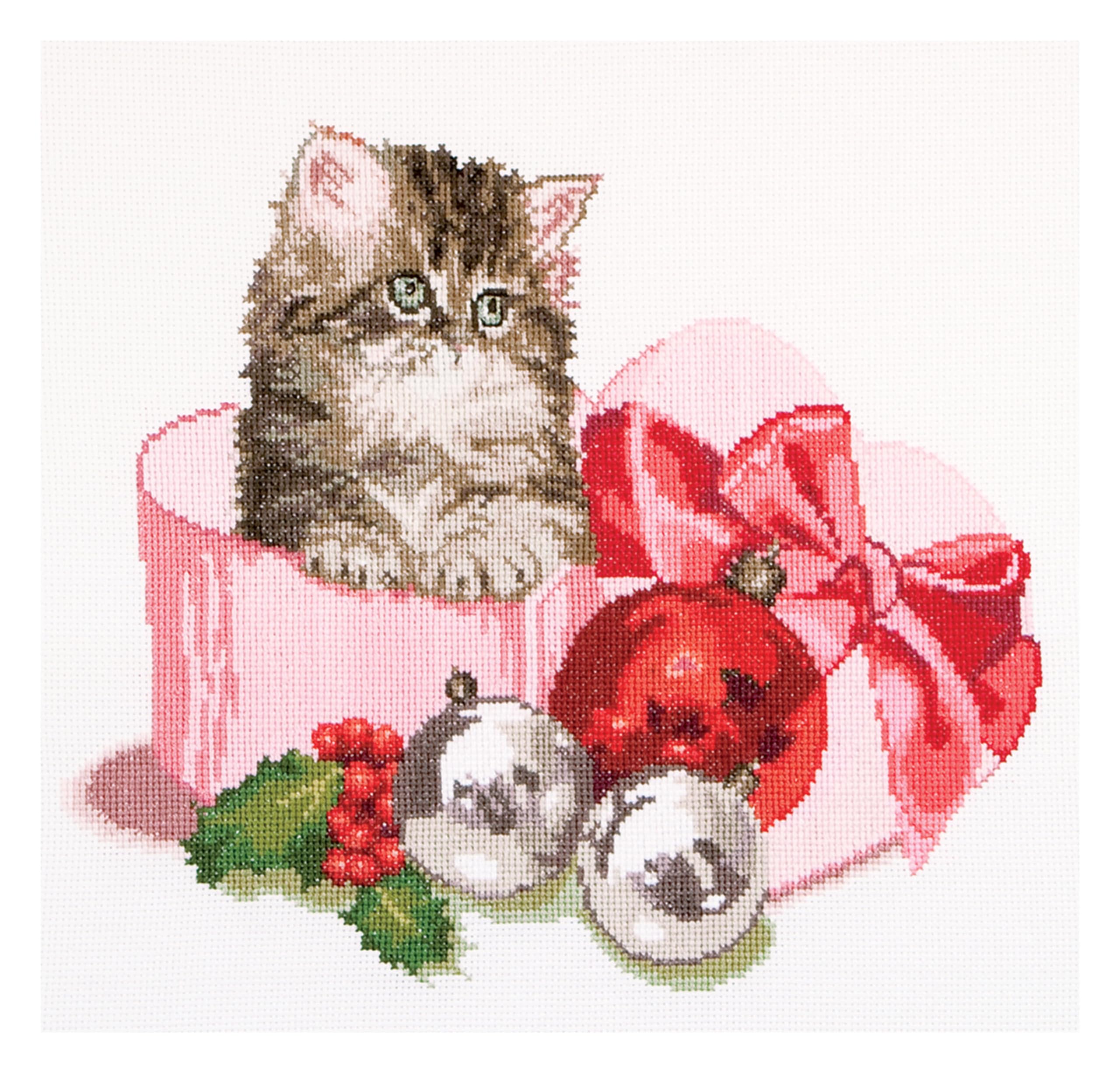 Thea Gouverneur Christmas Kitten On Aida Counted Cross Stitch Kit, 16 Count
