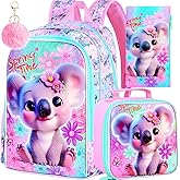KLFVB 3PCS Girls Koala Backpack, Water Resistant Kids Bookbag with Lunch Box, 16" Preschool Backpacks for Elementary - Koala Pink