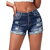 roswear Women's Summer Mid Rise Ripped Denim Shorts Stretchy Butt Lifting Jean Shorts