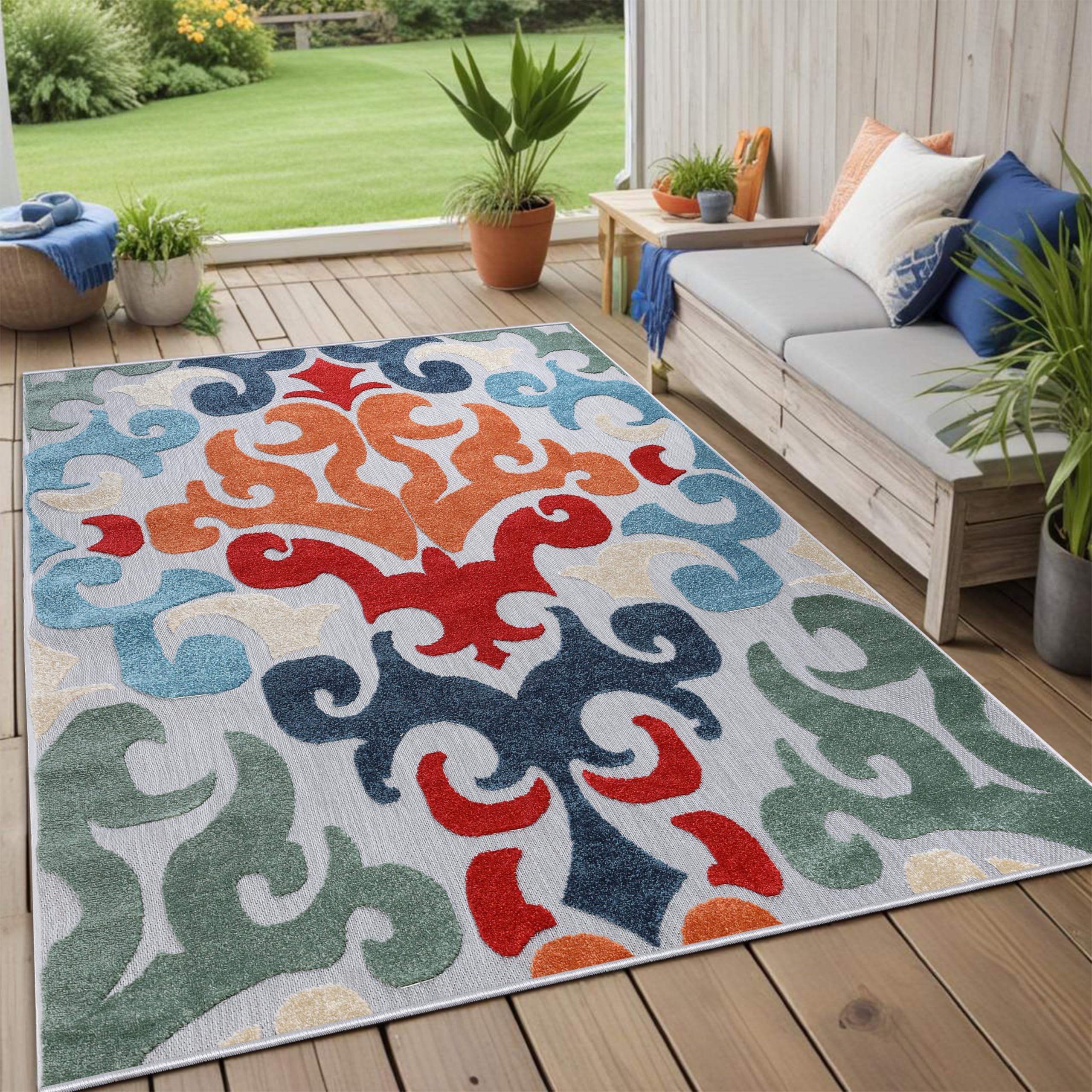 Photo 1 of Superior Aldaine Indoor Outdoor Area Rug, Perfect for Patio, Poolside, Backyard, Playroom, Kitchen, Bedroom, Dining Room, Entryway, Mudroom, Vintage Damask Floor Cover, 4' x 6', Multicolor