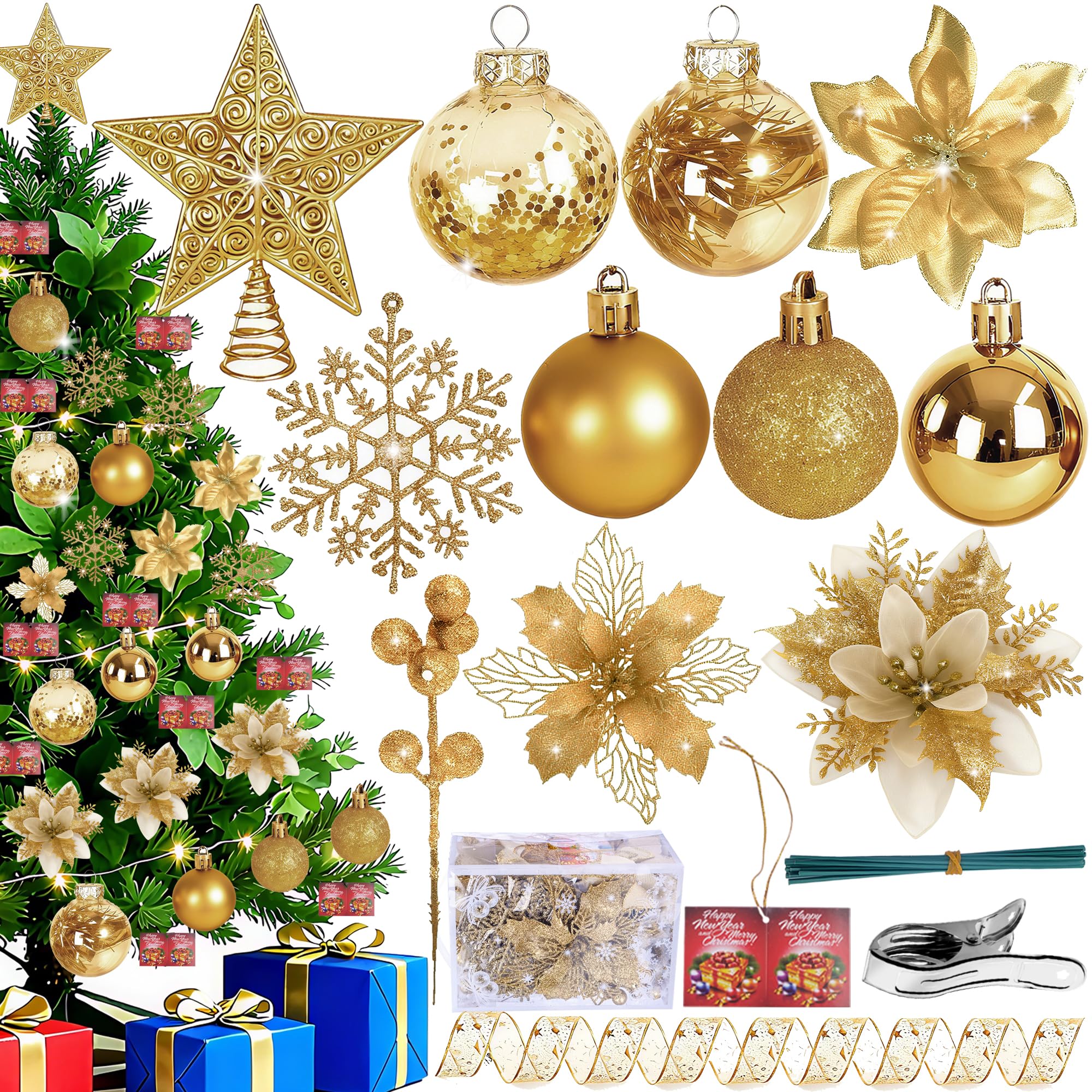 Photo 1 of 76Pcs Christmas Tree Decorations Set, Gold Hanging Ornaments w/Bulk Shatterproof Plastic Balls, Artificial Poinsettia Flowers, Glitter Berries Stems for Indoor Xmas Home Holiday Party Decor
