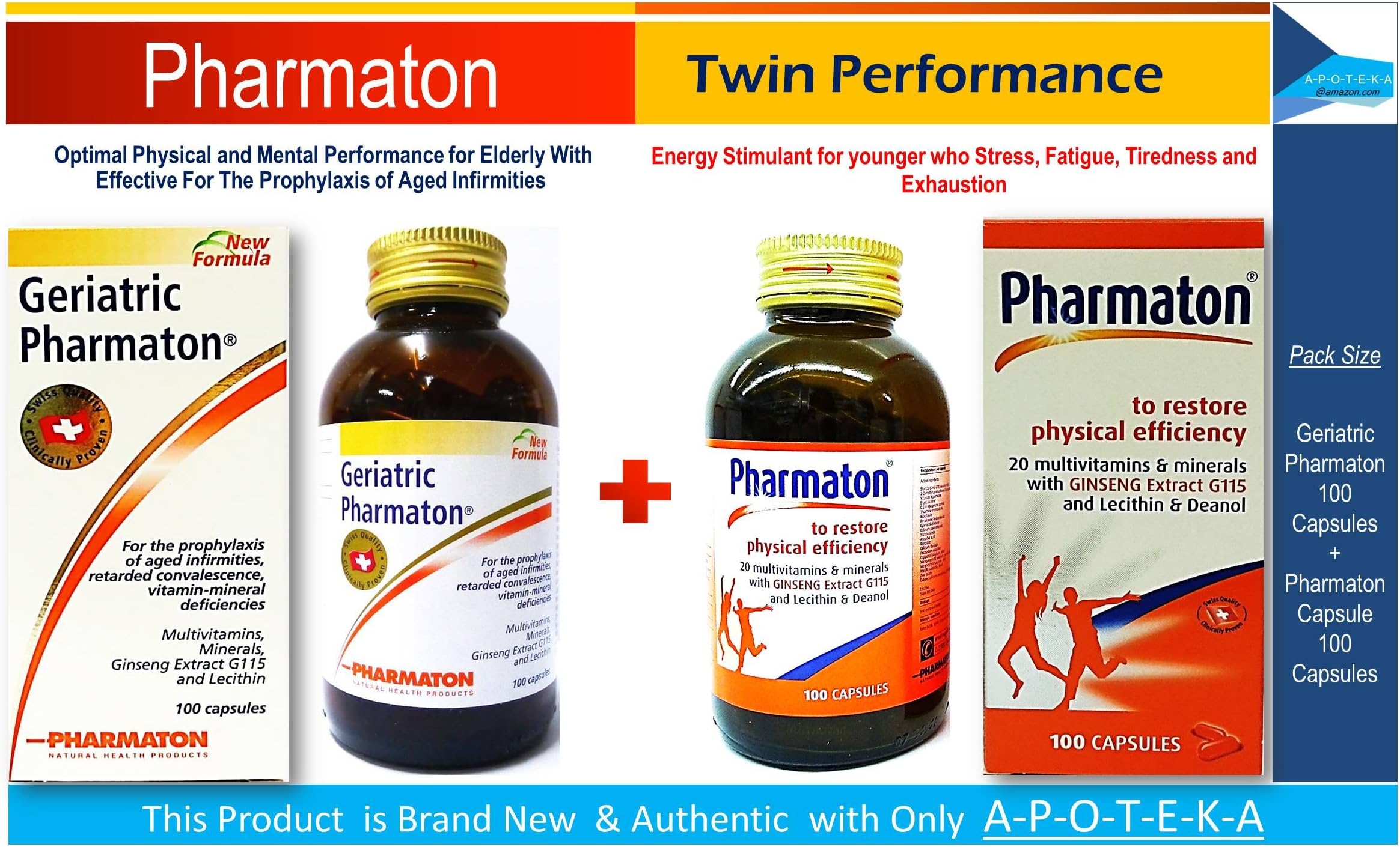 Pharmaton Twin Performance (Geriatric 100 Caps + Capsule 100 Caps) Energy Stimulant for Younger Who Stress & Exhaustion + Prophylaxis of Aged Infirmities, Ageing Concentration Memory for Elderly