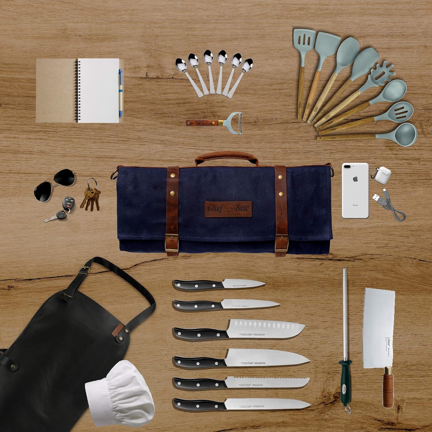 Chef Knife Bag Waxed Canvas Knife Roll Bag | 22 Pockets for Knives & Kitchen Tools | Special Slot for Cleaver | Waterproof Material | Knife Organizer | Knife Case for Chefs & Culinary Students (Blue): Kitchen & Dining