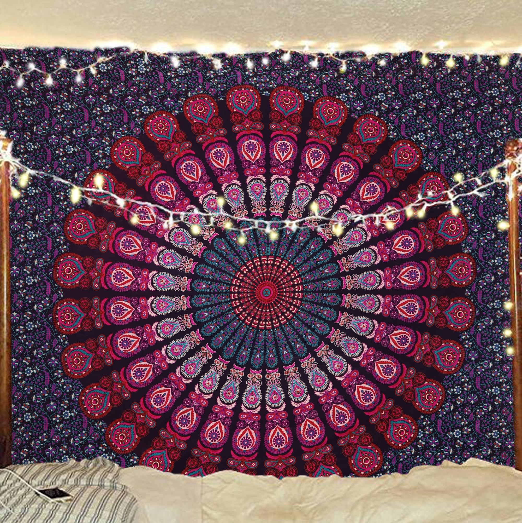 Bless International Indian hippie Bohemian Psychedelic Peacock Mandala Wall hanging Bedding Tapestry (Purple Pink, 264.16L X 223.52W cm)