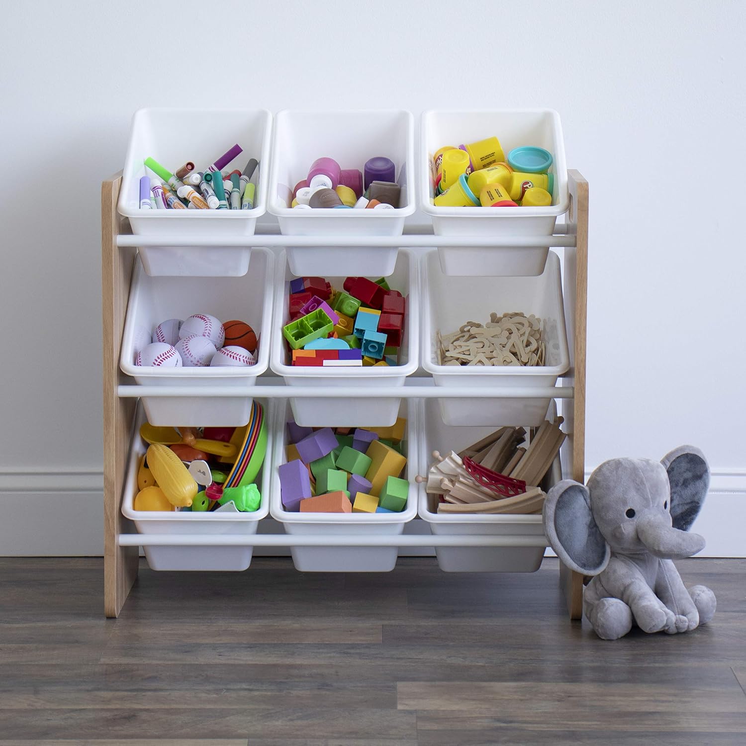 Humble Crew Wooden Toy Storage Organiser for Children & Toddlers, with 9 BPA Free Plastic Removeable Storage Bins - Image 3