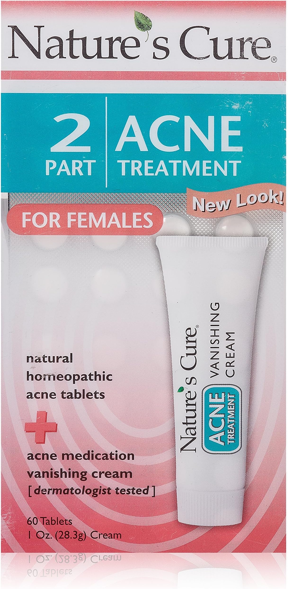 Nature's Cure Two-Part Acne Treatment System, for Women, 1 month supply (60 Tablets, 1 Ounce Cream - Pack of 1)