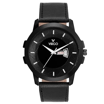 Virgo Classic Black Dial Mens Watch Day and Date Display Leather Belt Analogue Watch for Men - VG-5017-CD-BK