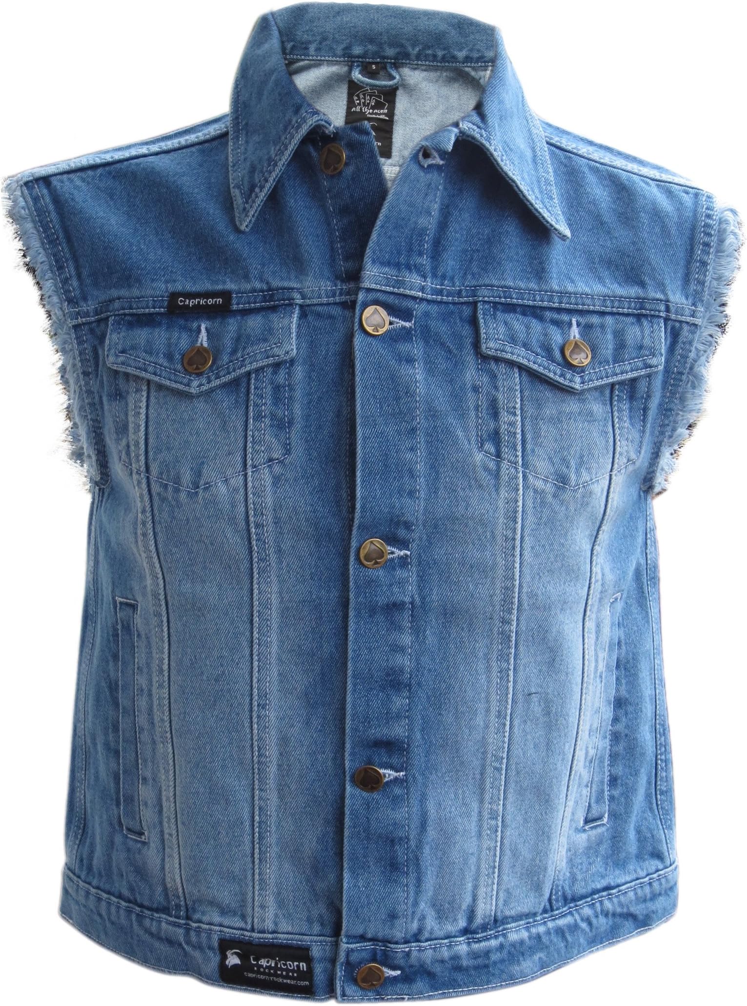 Blue Stonewashed denim vest with frayed arms