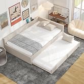 KT Rolster Full Size Daybed with Storage and USB, Modern Cloud Bed Frame with Twin Size Trundle, Linen Upholstered Platform Bed, Corner Daybed for Bedroom, No Box Spring Required
