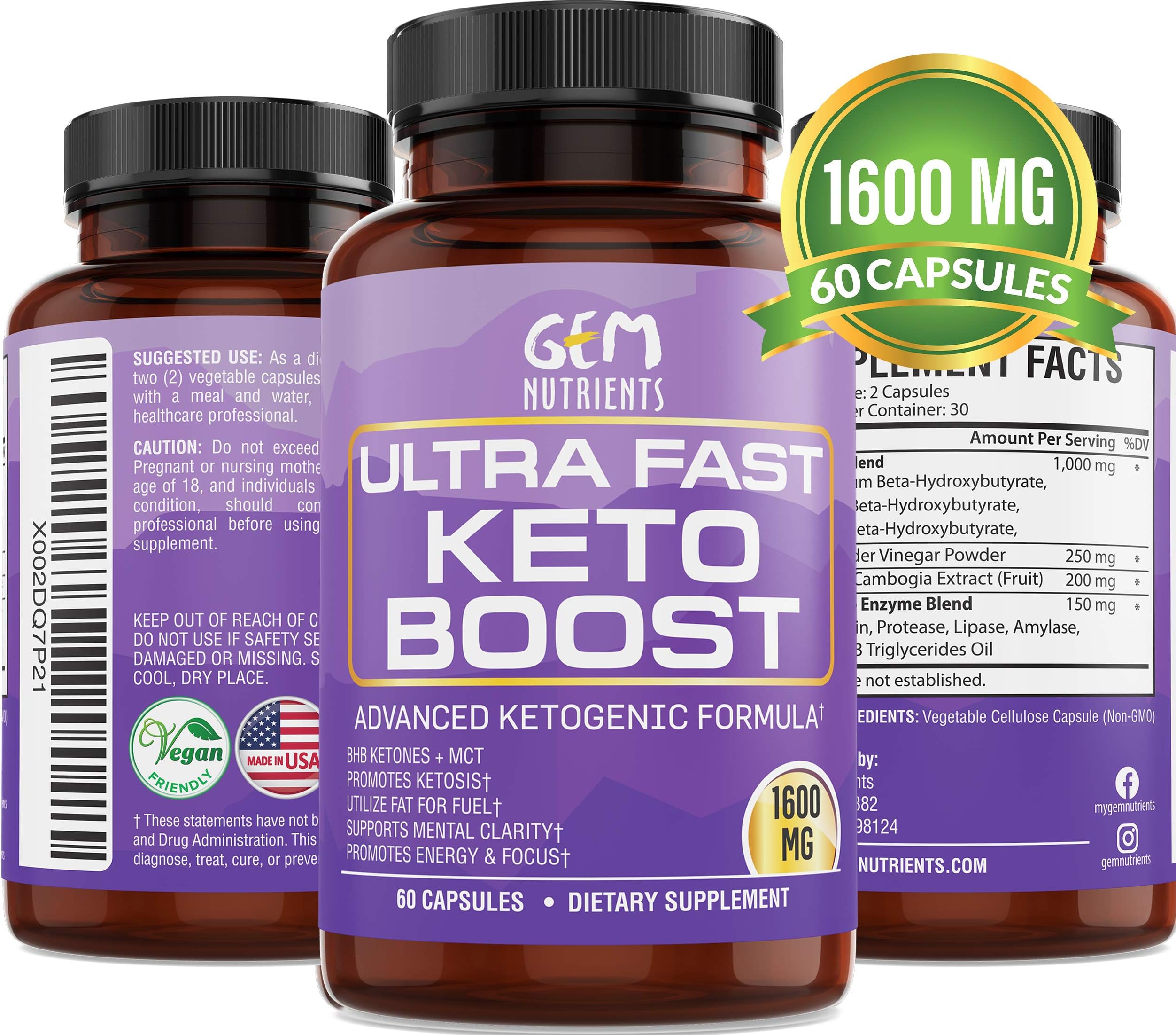 Gem Nutrients Ultra Fast Pure Keto Pills Boost 1600mg - Advanced Clinically researched Pure BHB Salts (beta hydroxybutyrate) with MCT Oil Keto Diet Pills - Best Insta Keto Supplements - 60 Capsules
