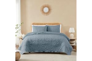 B2EVER Blue Quilt Set Twin Size with Pillow Sham, Soft Microfiber Lightweight Farmhouse Bedding, Summer Bedspread Coverlet with Leaf Pattern for All Season, 2 Piece, 68x90 inches