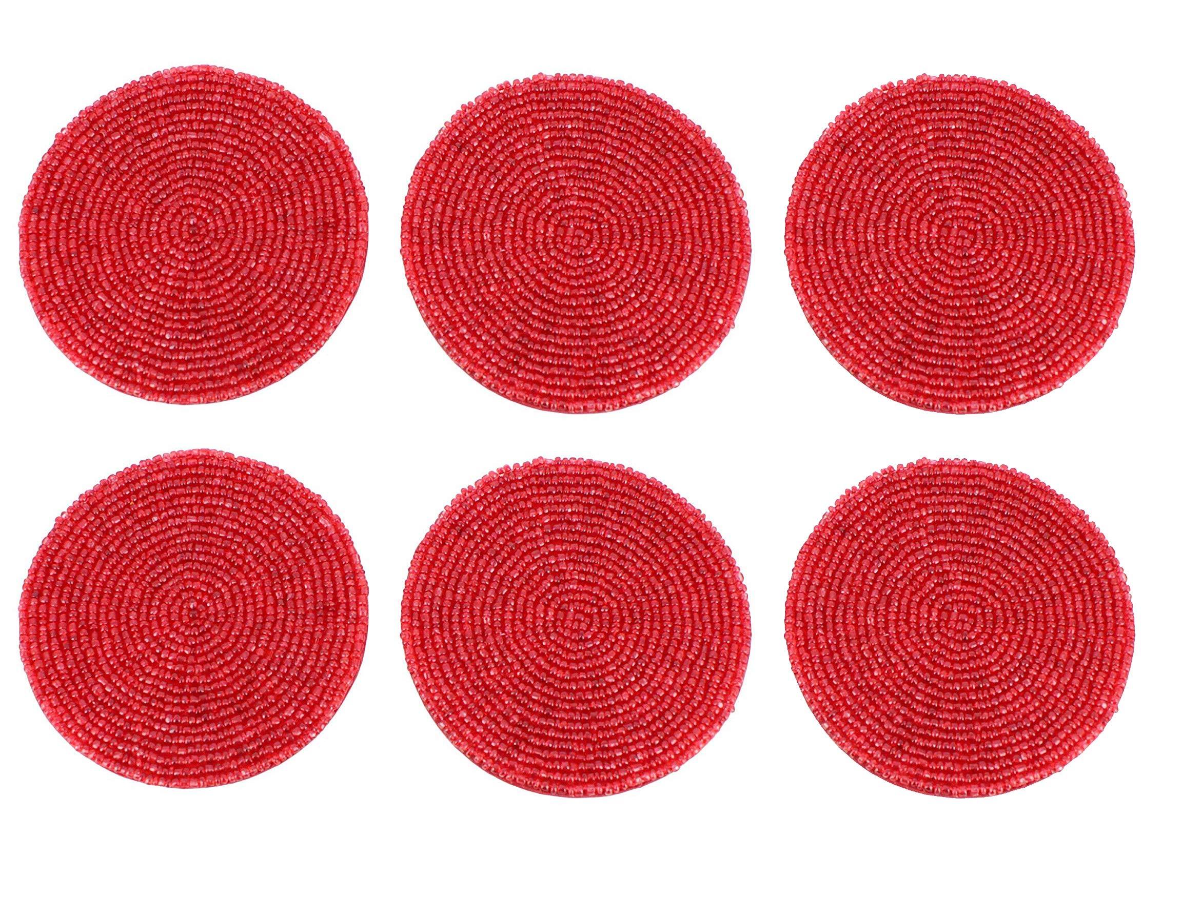 Rastogi Handicrafts Red Decor Indian Handmade Beaded Coffee Tea Placemat 10 cm Set of 6