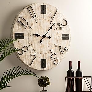 Glitzhome 28" Oversized Decorative Wall Clock Large Round Wooden Farmhouse Clocks for Living Room