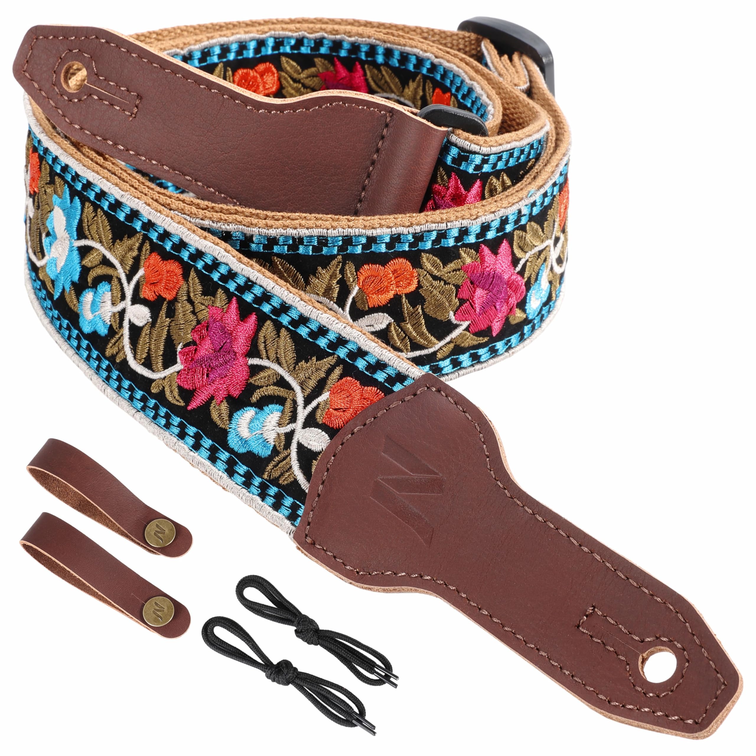 Nefelibata Banjo Strap, 2"Wide Full Grain Cowhide Guitar Strap Adjustable Replacement,Multi-pattern Guitar Strap With Headstock Rope and Leather Headband(Multi Flower Embroidery)