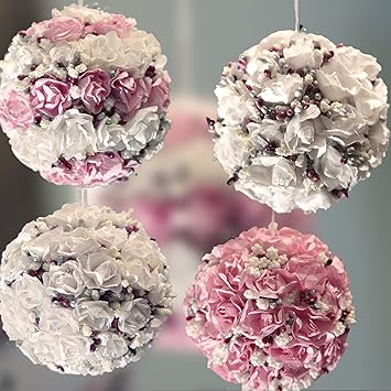 4 Palline Di Natale Fatte A Mano Con Fiori Bianchi E Rosa