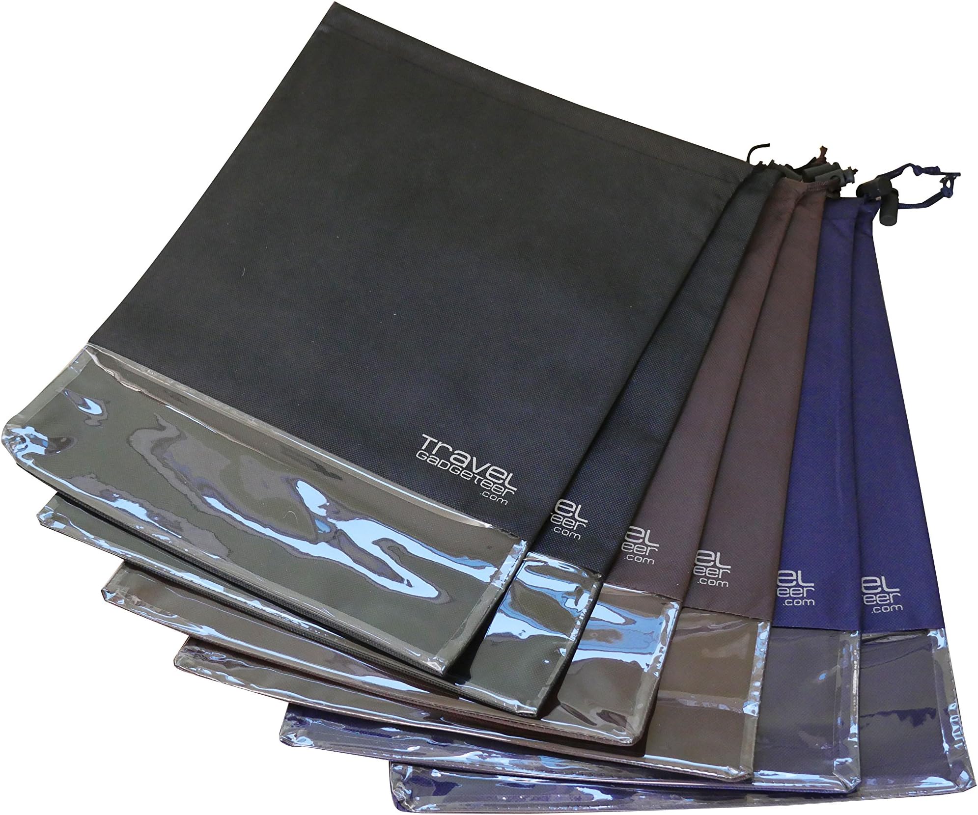 Shoe Bags (6-Pk) + See Through Window | Large | Keeps Dirt Out of Your Luggage (6-Piece Set, Black Blue Brown)
