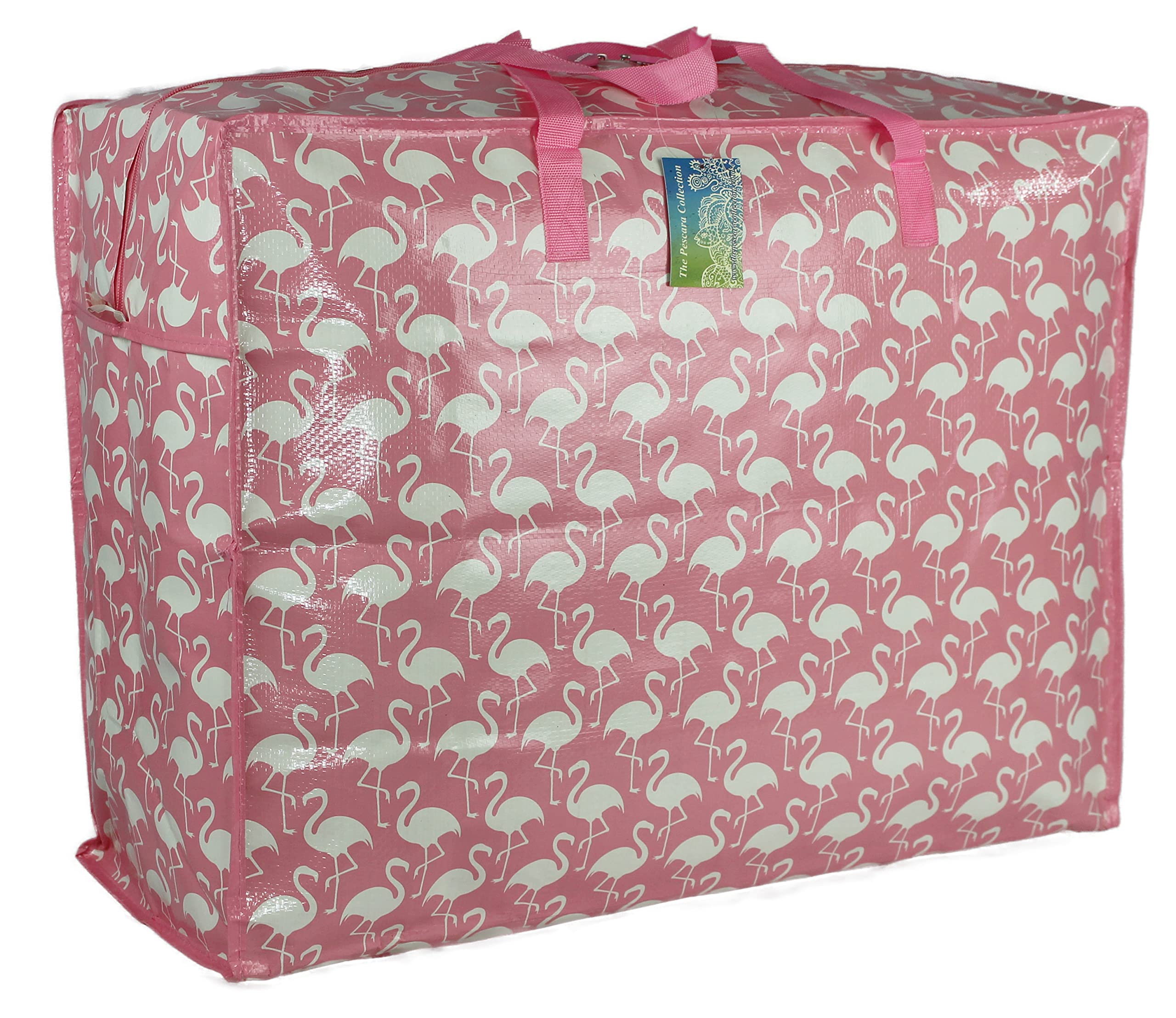 Pink flamingo print. Large Storage Bag Water & Dust Resistant. Double zipped. For toys, laundry, bedding. Underbed Wardrobe Space Saver
