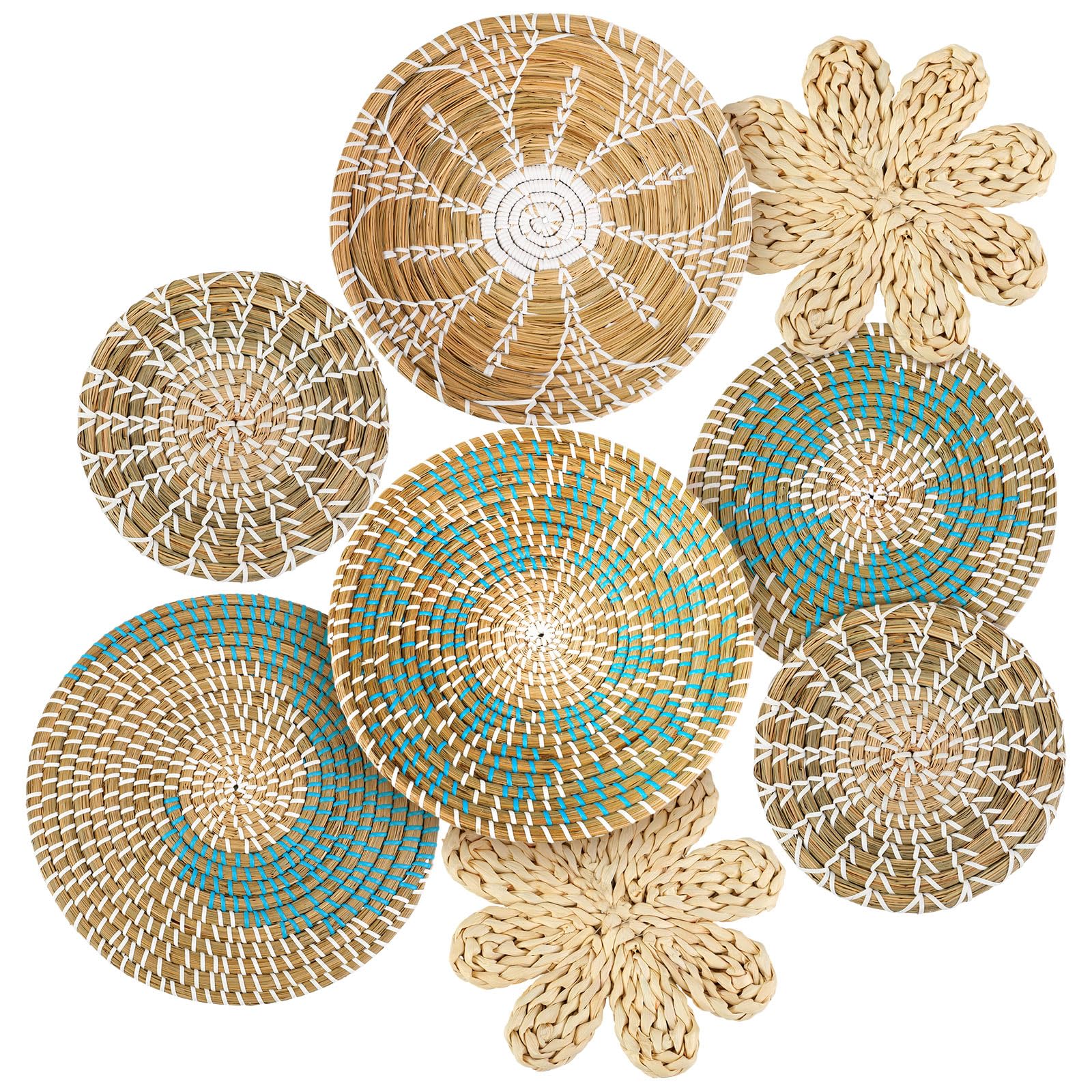 Photo 1 of Xuhal Set of 8 Hanging Woven Wall Basket Handmade Decorative Rustic Boho Basket Decor Handcrafted Wicker Round Seagrass Wall Art for Home Kitchen Farmhouse Table Living Room