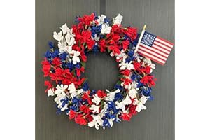 TOKCARE Patriotic Wreaths for Front Door, 24 inch American 4th of July Wreath Red White and Blue Berry Forsythia Handcrafted Memorial Day Summer Grapevine Wall Home Decor