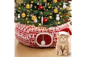 Tristcily Christmas Tree Cat Tunnel Bed-Christmas Cat Donut Tunnel with Tree Skirt, Multifunctional Round Pet Cave Toy Suitable for Kittens/Puppies/Rabbits/Ferret(Comfortable Cotton)