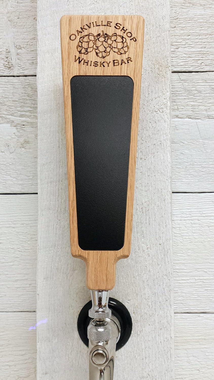 Custom personalized beer tap handle with hop cones logo. Engraved with