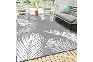 Pauwer Outdoor Rug, 6'x9', Leaf Grey, Reversible, Waterproof, Polypropylene, Lightweight, RV Mat, Patio Decor