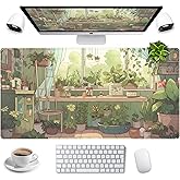 Cute Desk Mat Green Plants Gaming Mouse Pad XXL Large Extended Sage Laptop Keyboard and Mouse Mat with Stitched Edges, Computer Desktop Mat Playmat for Women Office Desk Decor Pad Mat 31.5x15.7 in