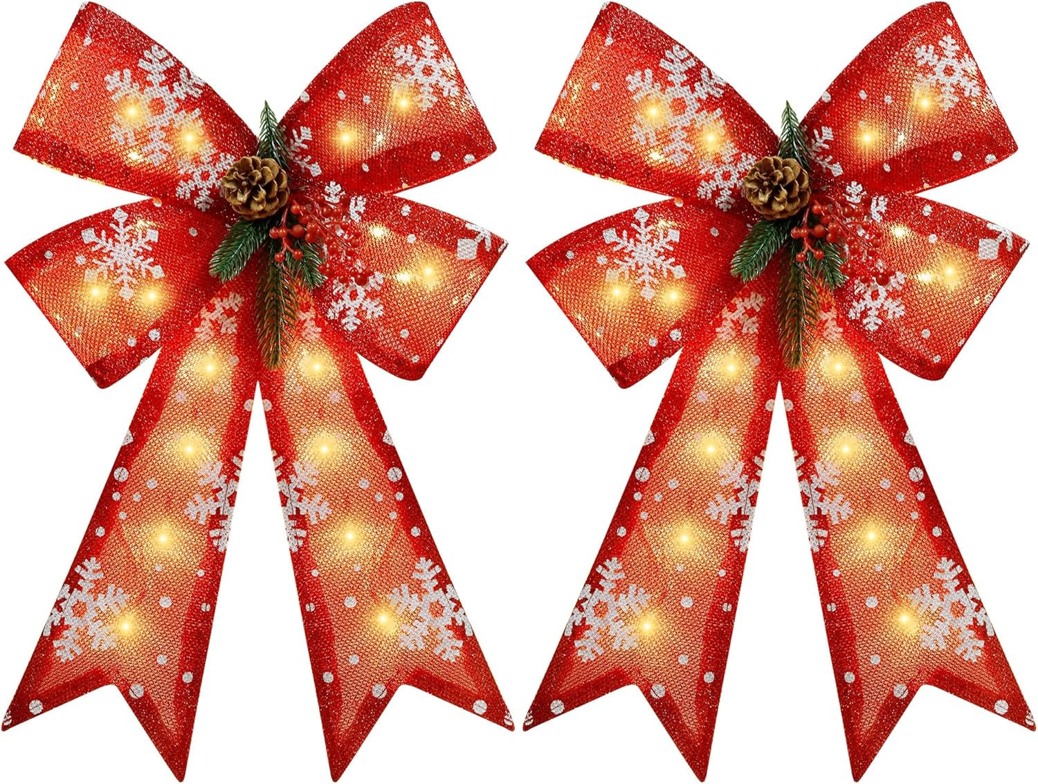 Bows & Ribbons - Adroiteet 2 Pcs Christmas Tree Topper, LED Lights Bow with Timer Function, Decorative Bows with Snowflake and Pine Cone for Wreath Decor Door Wall Holiday Xmas Party Winter Decorations