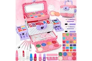 DPAI 54 Pcs Kids Makeup Kit for Girls, Princess Real Washable Pretend Play Cosmetic Set Toys with Mirror, Non-Toxic & Safe, Birthday Gifts for 3 4 5 6+Years Old Girls Kids (Pink and White)
