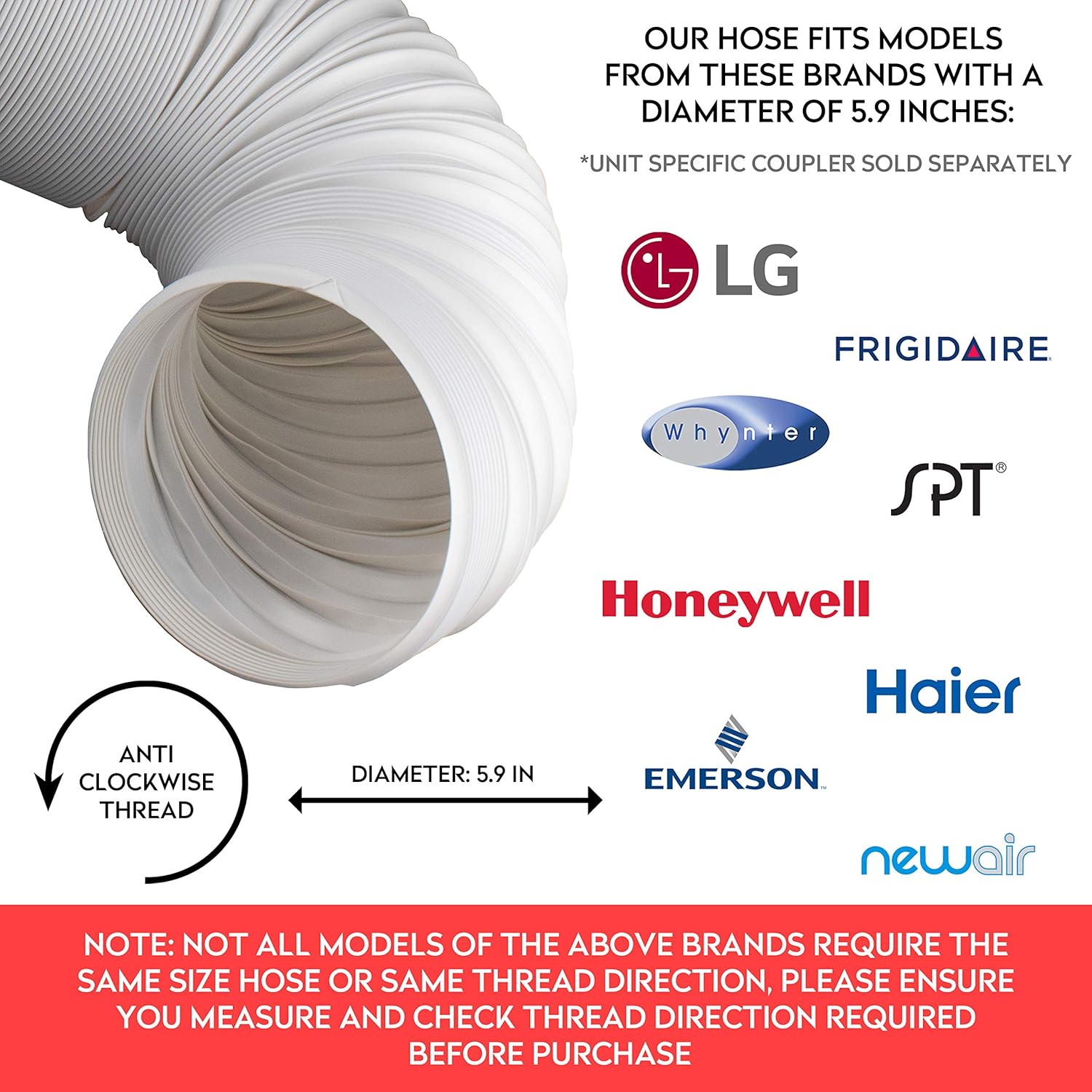 Air Conditioner Hose. Portable Exhaust Vent with 5.9" Diameter, Anti-Clockwise Thread & Length up to 80". Great for LG, Delonghi and Many More Portable Air Conditioners: Appliances
