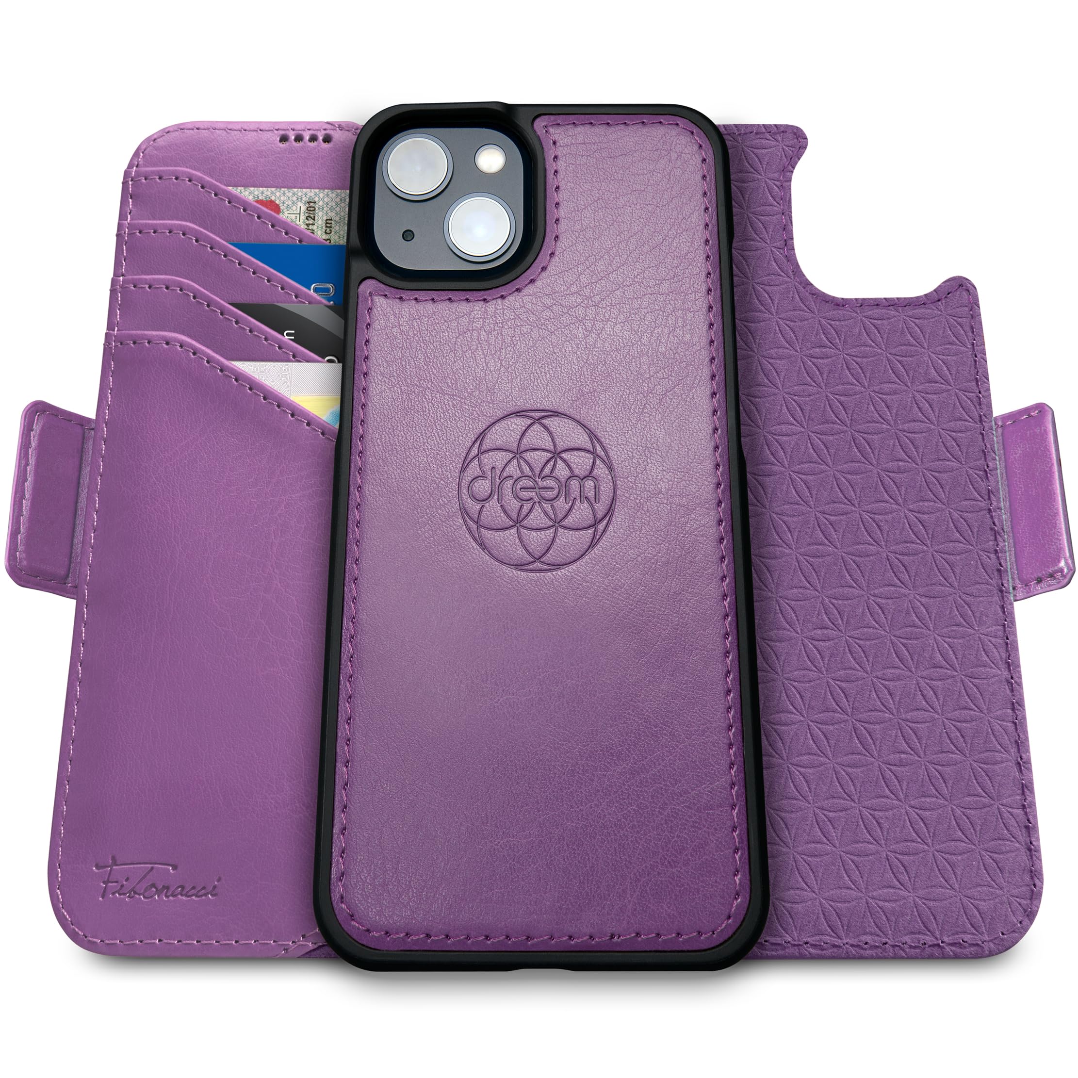 dreem Wallet Case for iPhone 15 Plus, Revolutionary Vert/Hor Phone Stand, Magnetic Detachable Vegan Leather Flip Cover RFID Blocking Card Holder, MagSafe-Fit, Gift Box [Fibonacci: Purple] — image 1