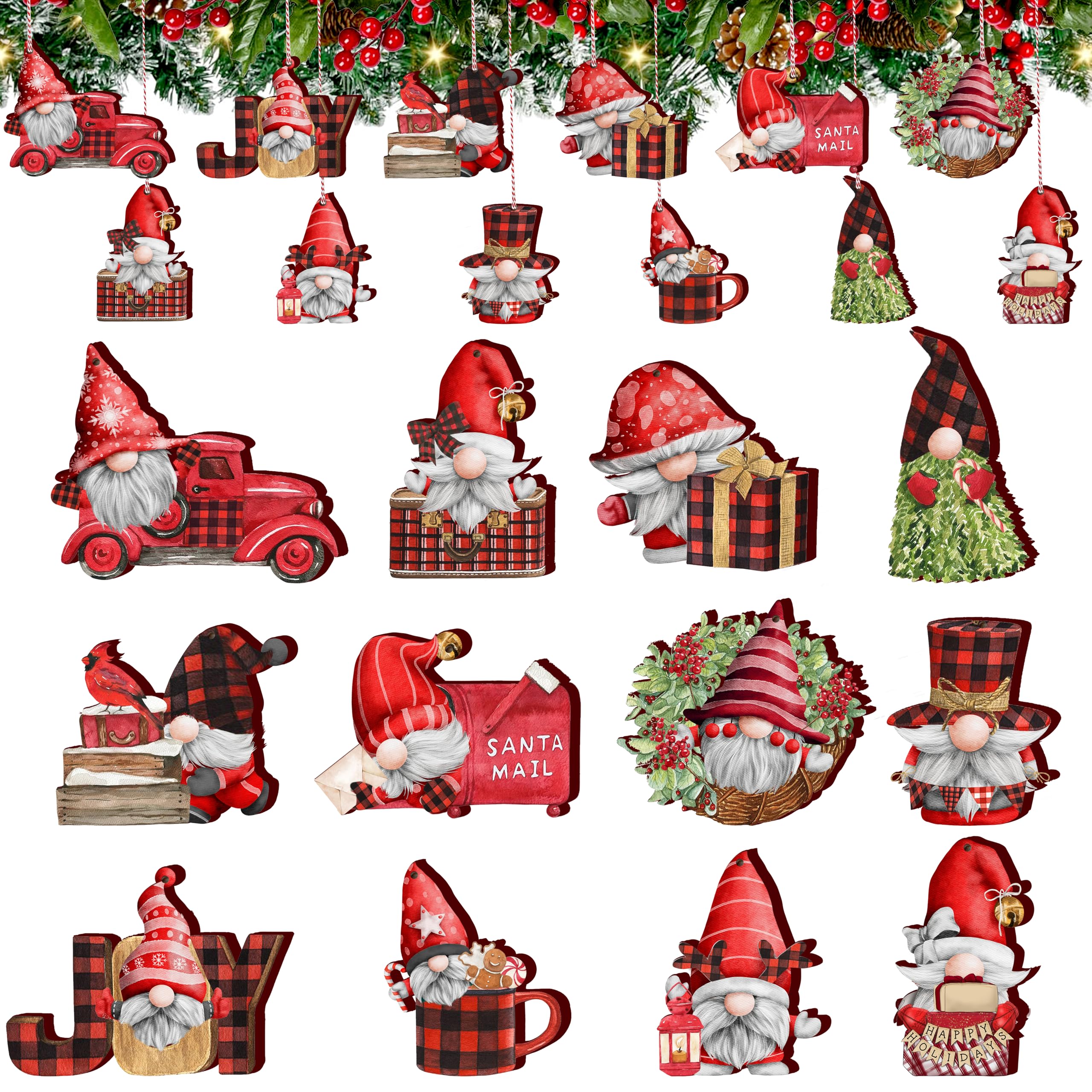 Alupssuc 24 Pieces Hanging Wooden Christmas Decorations, 12 Different Shapes Ornaments, Support DIY Crafts, Christmas Tree Baubles with Ropes for Holiday Wedding Party Decor, Santa Claus Set C