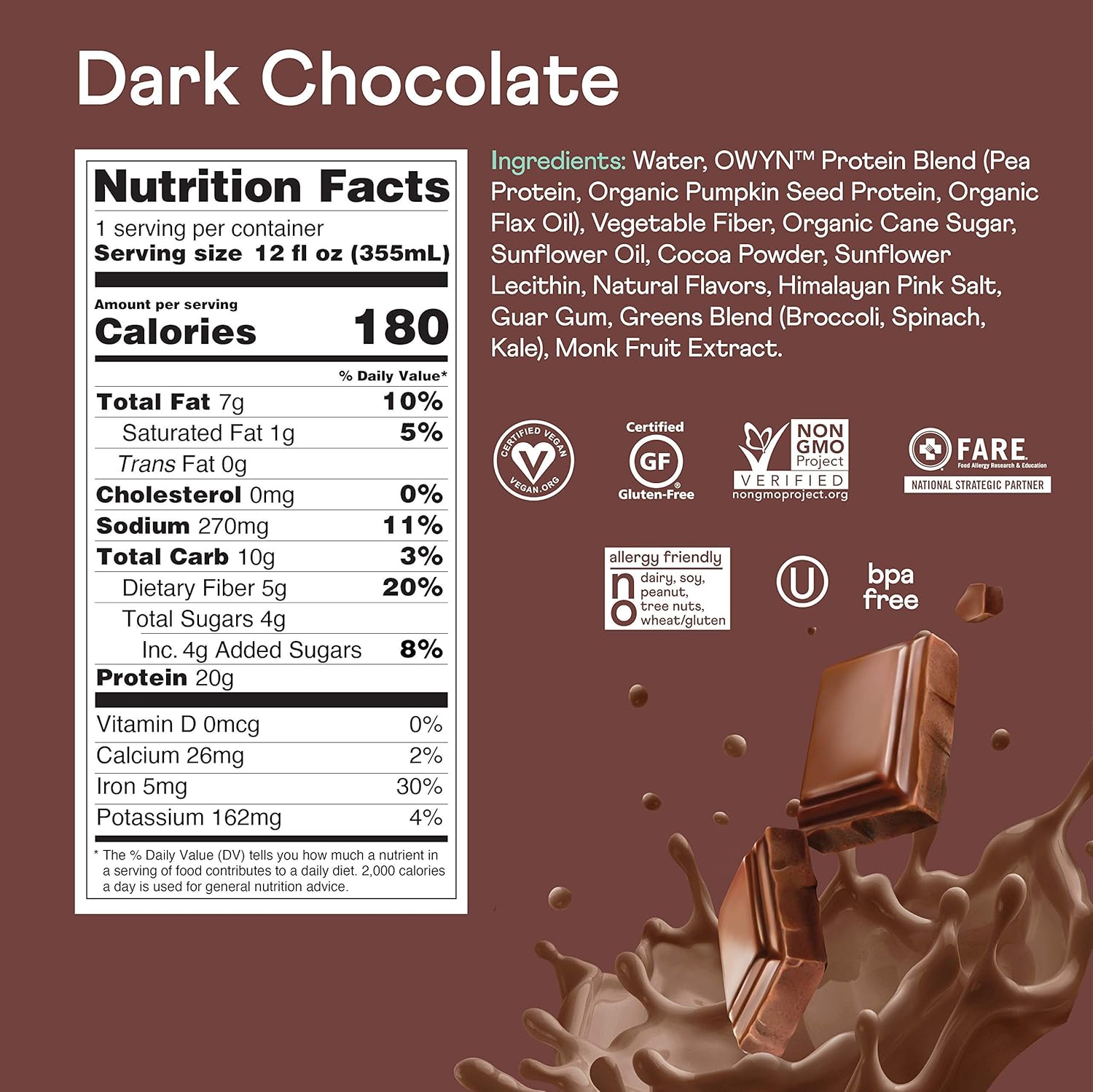 OWYN - 100% Vegan Protein Shakes | Dark Chocolate, 12 Fl Oz (Pack of 12) | Dairy-Free, Gluten-Free, Soy-Free, Tree Nut-Free, Egg-Free, Allergy-Free, Plant-Based : Grocery & Gourmet Food