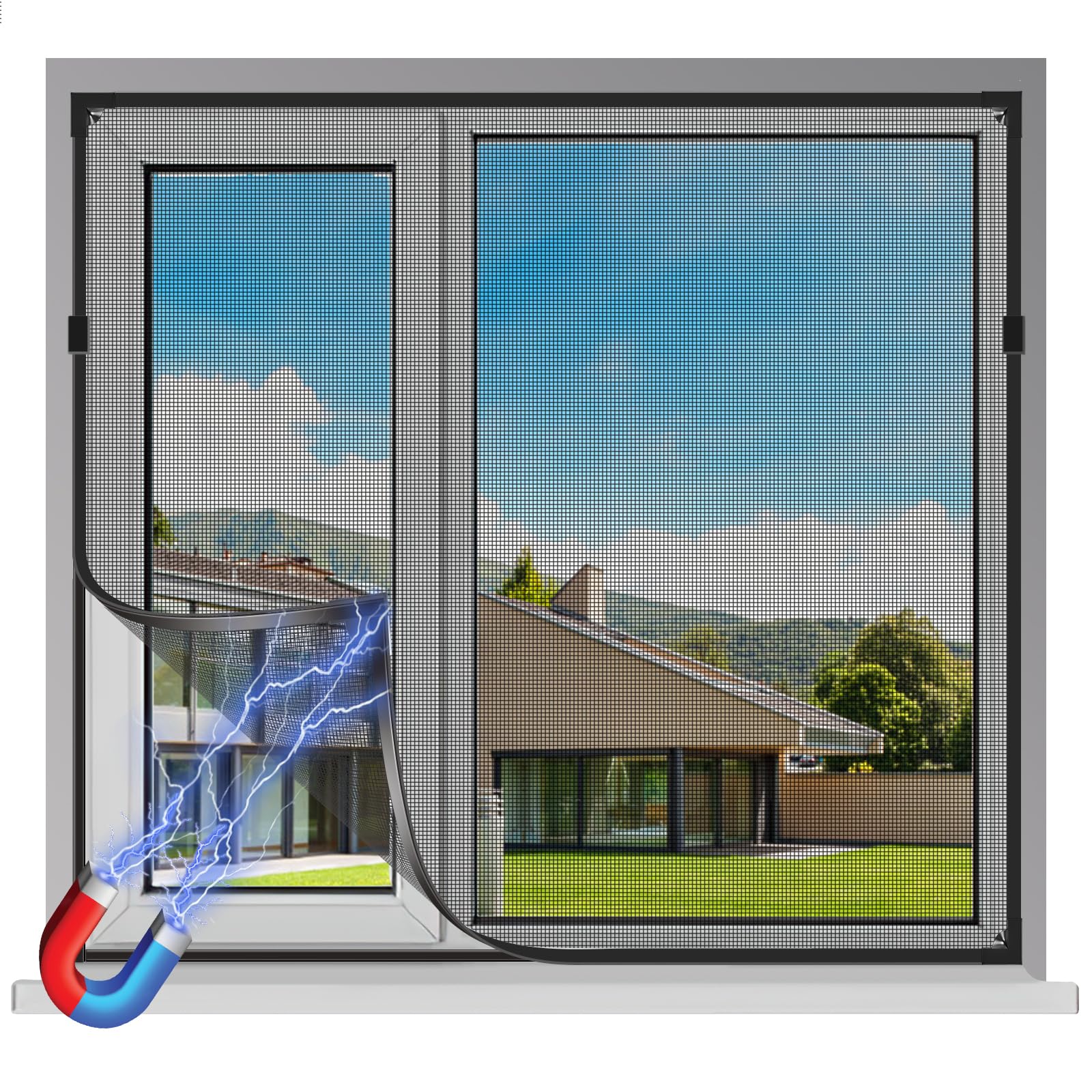 Photo 1 of UtauHom Magnetic Window Screen, Adjustable DIY 40x59in Window Screen Replacement, Black Frame Black Fiberglass Mesh, No Drilling Easy Cut-to-Fit for Sliding/Swing/Top-Hung, Fits Wood/Iron/PVC Frames