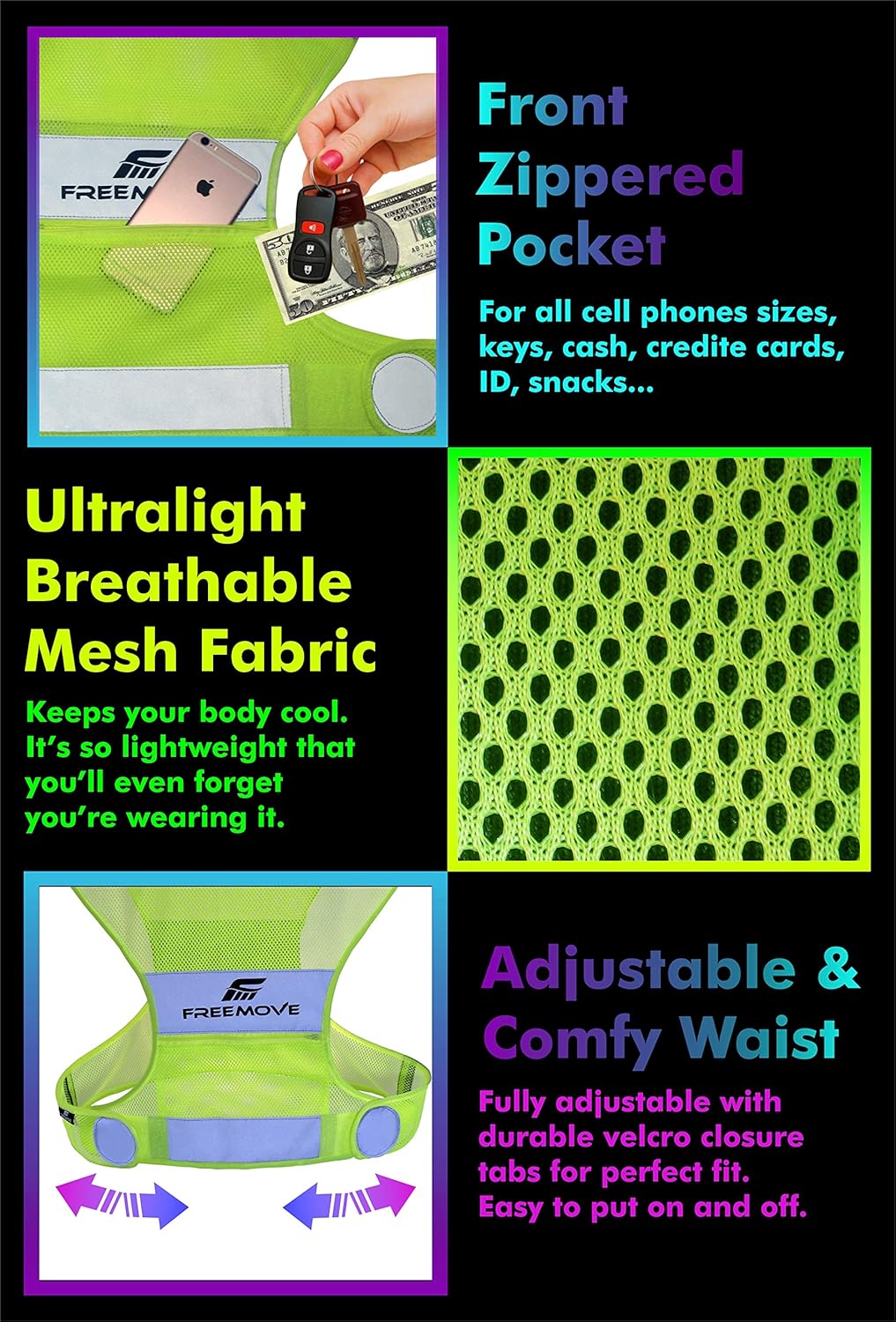 No.1 Reflective Vest Running Gear | YOUR BEST CHOICE TO STAY VISIBLE | Ultralight & Comfy Motorcycle Reflective Vest | Large Pocket & Adjustable Waist | Safety Vest in 6 Sizes + Hi Vis Bands & Bag : Sports & Outdoors