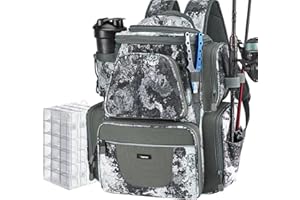 Piscifun Fishing Backpack with 2 Rod Holders & 4 Tackle Boxes, Large Tackle Storage Bag With Rain Cover for Fishing Gear