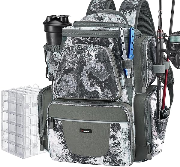 PISCIFUN FISHING TACKLE BACKPACK WITH ROD HOLDER & 4 TACKLE BOXES, OUTDOOR GEAR STORAGE TACKLE BAG WITH PROTECTIVE RAIN COVER, VEIL CAMOUFLAGE