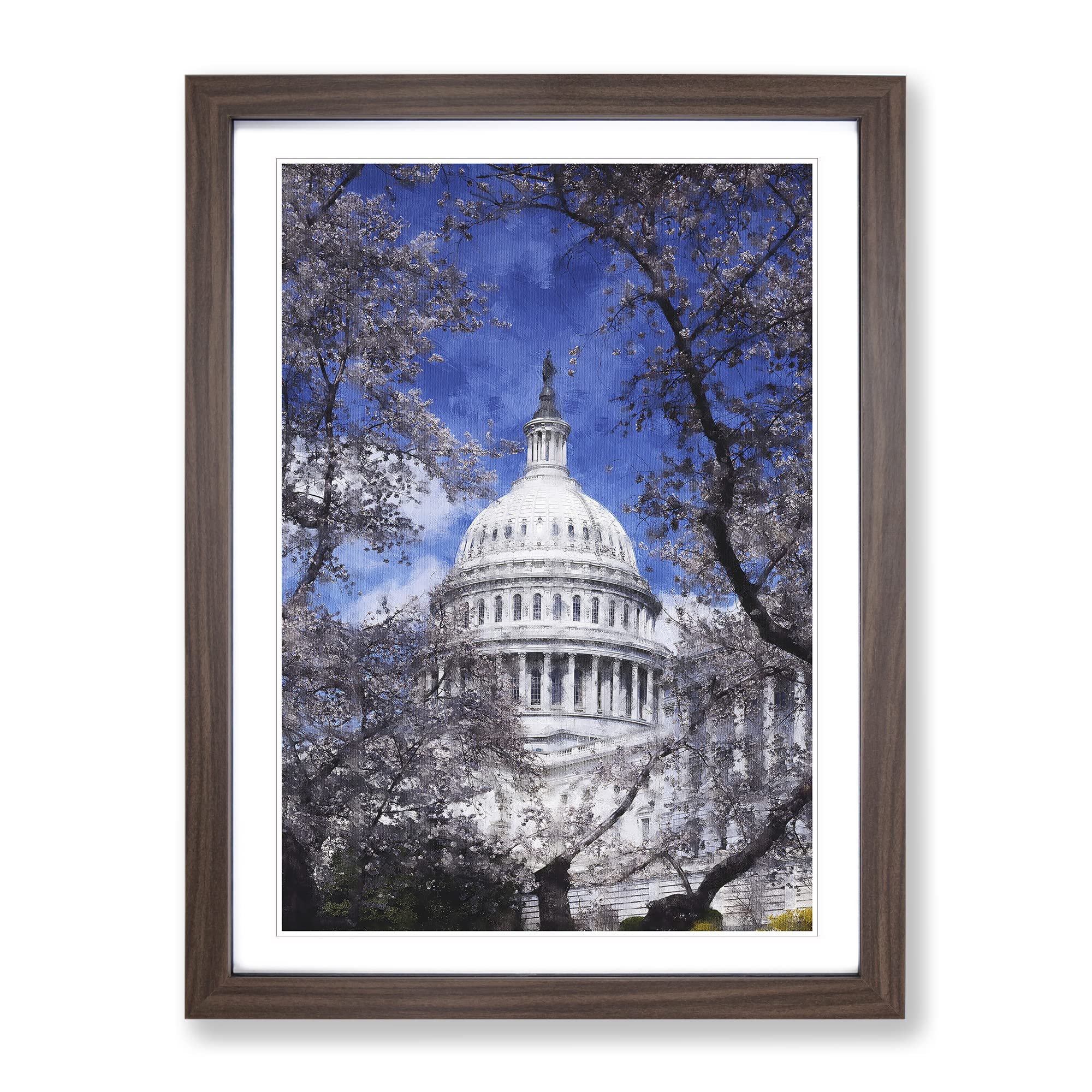 Capitol Hill & Cherry Blossom Tree Painting Modern Framed Wall Art Print, Ready to Hang Picture for Living Room Bedroom Home Office Décor, Walnut A4 (34 x 25 cm)