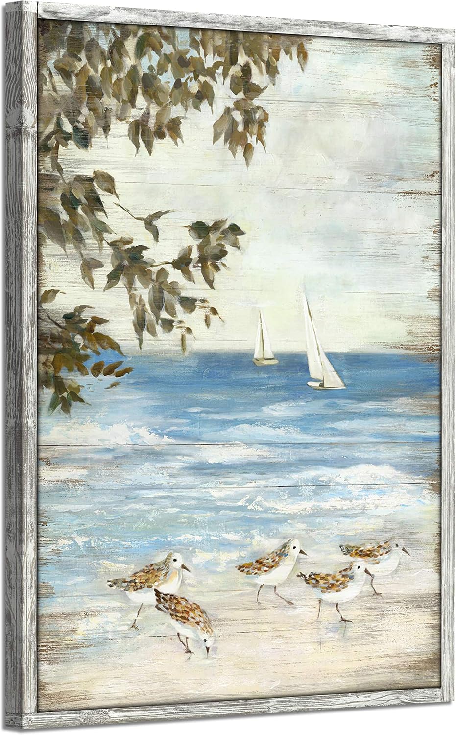 Paintings - Abstract Coastal Wooden Artwork Framed: Beach Painting Hand Painted Wall Art for Living Room (24