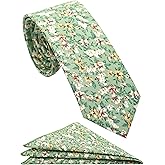 ZENXUS Mens Casual Skinny Floral Tie Combo Set with Flower Pocket Square 2½" Cotton Necktie Hand Made