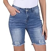 Fuwenni Womens Casual Denim Shorts Bermuda Stretchy Trendy Distressed Frayed Raw Hem Jean Shorts
