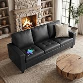 STHOUYN 73&rdquo; Black Faux Leather Sofa, 3 Seater Couch for Office, Living Room | STHOUYN, Modern, Comfy, Tufted Armrest, USB Charger, Bedroom, Apartment