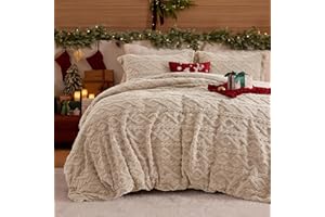 Bedsure Fluffy Flannel Duvet Cover Set - Faux Fur Comforter Cover Queen Size, Deep Beige Warm Plush Bedding for Winter, 3-Piece Set with Zipper Closure (90"x90") and 2 Pillow Shams