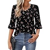 Riyiper Women's 3/4 Bell Sleeve Tops Pleated V Neck Summer Loose Dressy Casual Shirts Spring Trendy Ruffle Sleeve Blouse