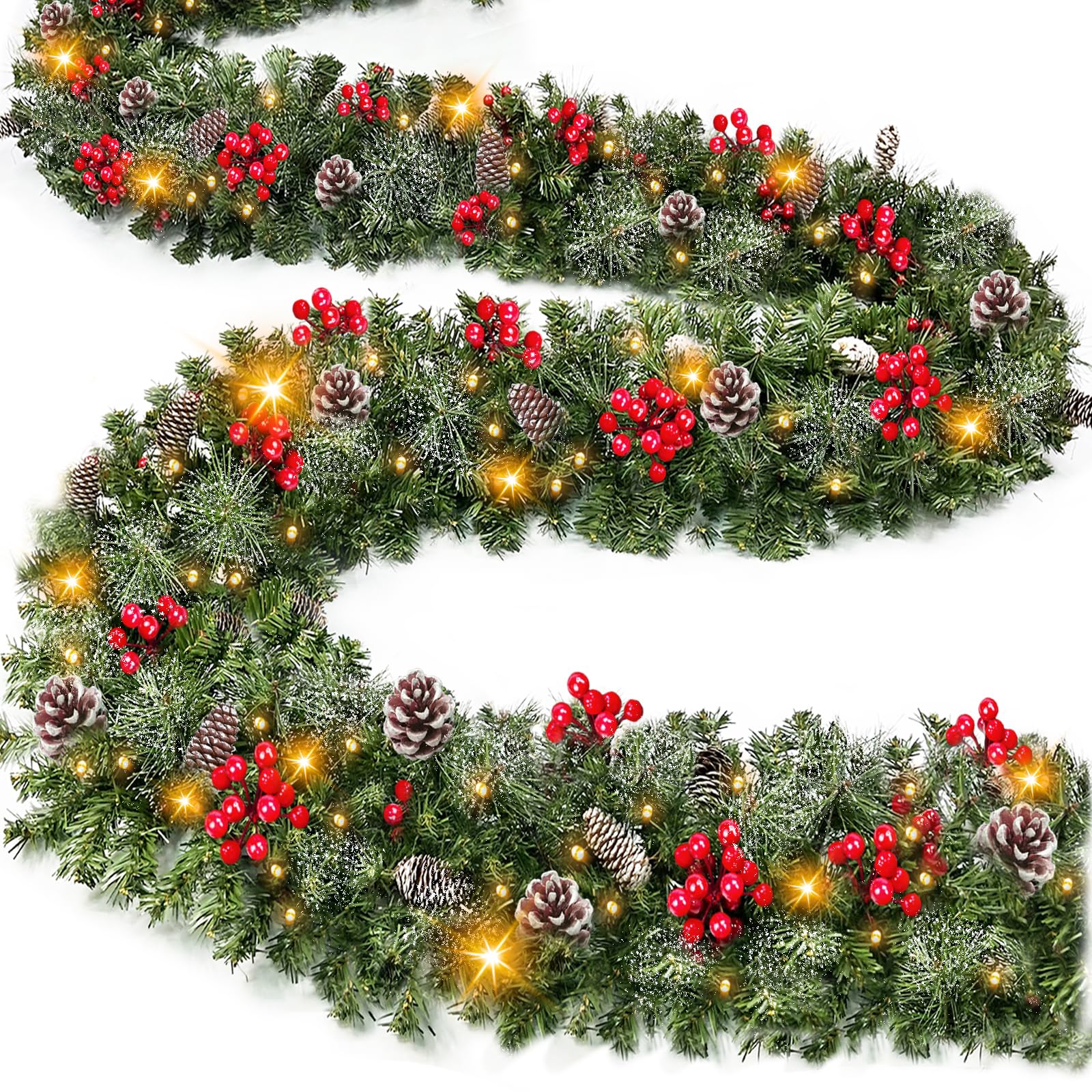Photo 1 of [ Timer & 8 Modes ] 9 Ft by 10 Inch 50 LED Prelit Christmas Garland Decorations Warm White Lights Thick 270 Snowy Tips 70 Red Berry 10 Pinecone Xmas Decor Garland Indoor