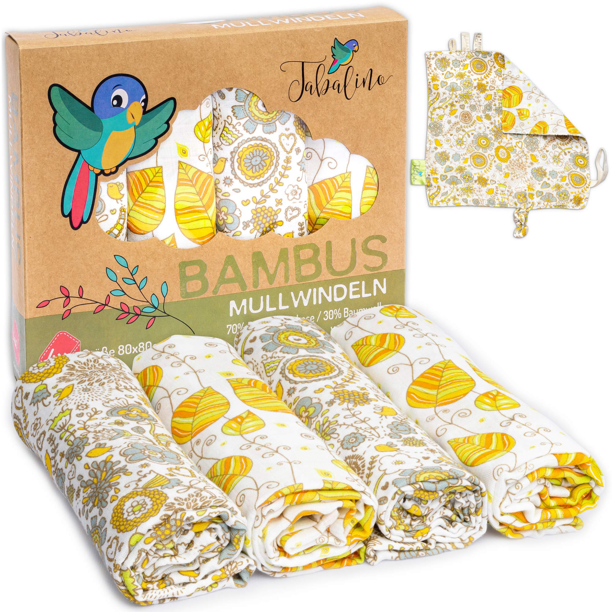 Tabalino Super Soft Bamboo Muslin Nappies Burp Cloths 80 x 80 cm Pack of 4 + Comfort Blanket Double Density Woven Cloth Nappies Baby Boy & Girls Muslin Cloths Molleton Cloth 30% Cotton (Flowers)