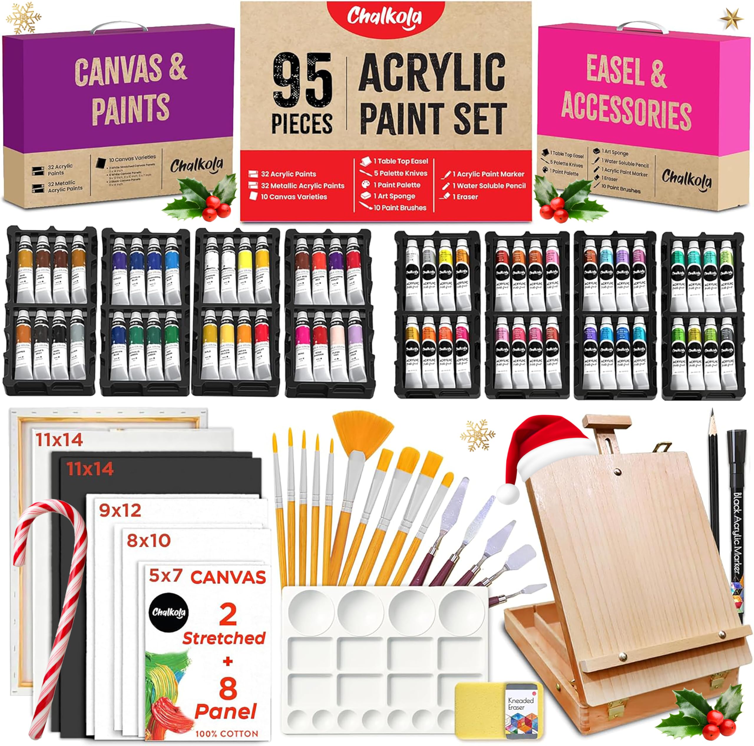 Chalkola 95 Pcs Acrylic Painting Kit for Adults | 64 Acrylic Paint Set, Wood Tabletop Easel, Canvas, Art Brushes, Palette, Knife - Professional Canvas Painting Supplies for Artists, Kids & Beginners Image